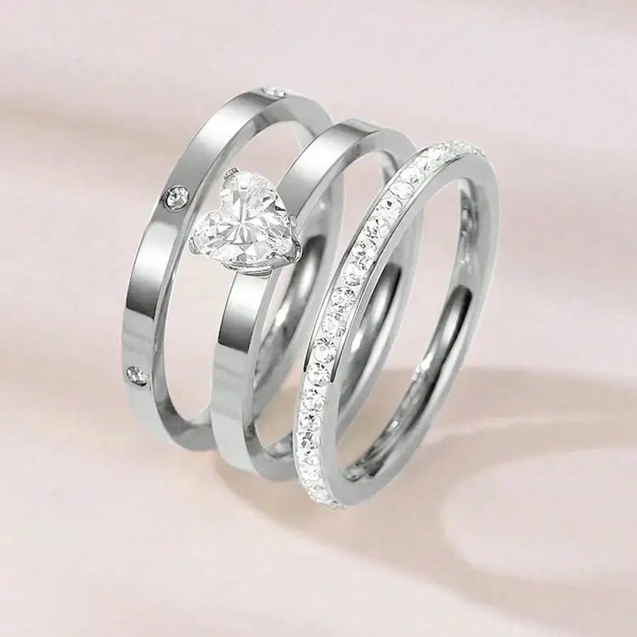Anillo Triple Circulo Corazón Oro Blanco
