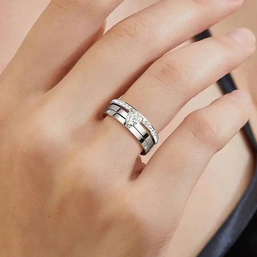 Anillo Triple Circulo Corazón Oro Blanco