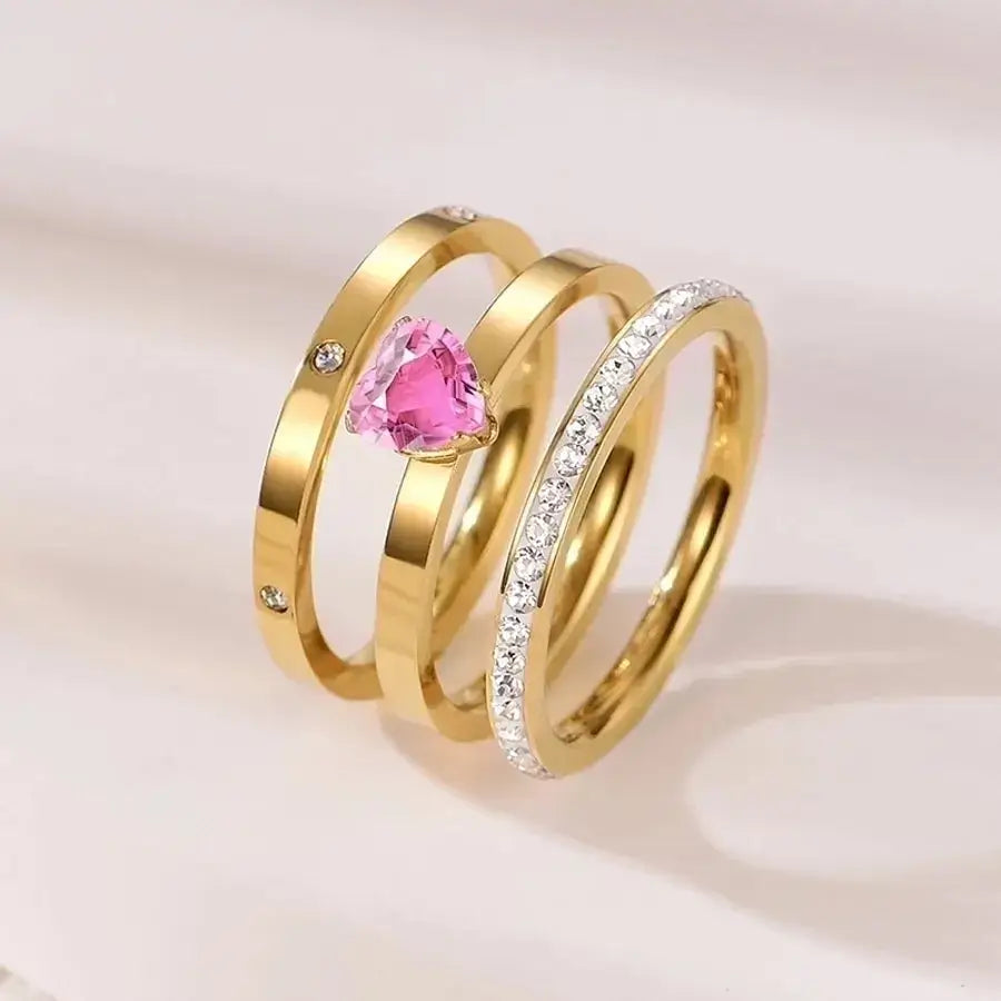 Anillo Triple Circulo Corazón Rosa