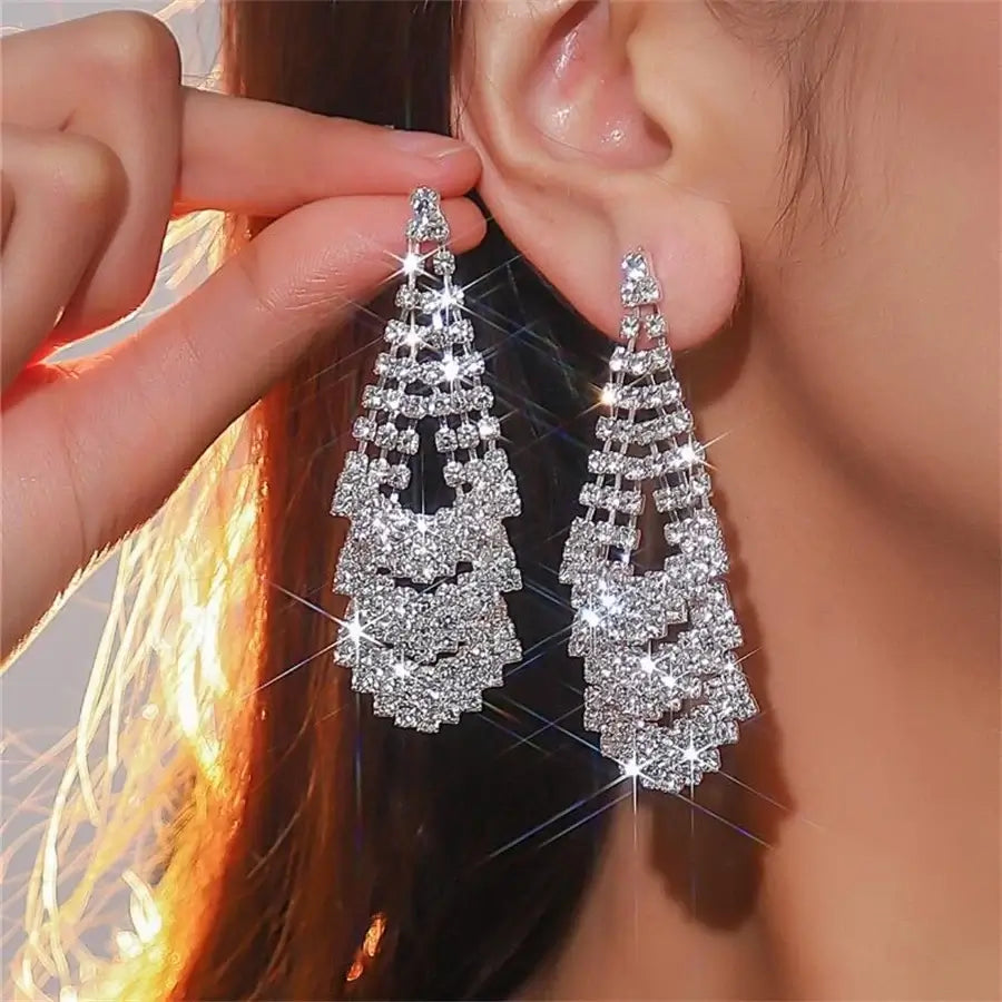 1 Pair Glam Shiny Tassel Inlay Copper Artificial Rhinestones Drop Earrings Madoma & Co.