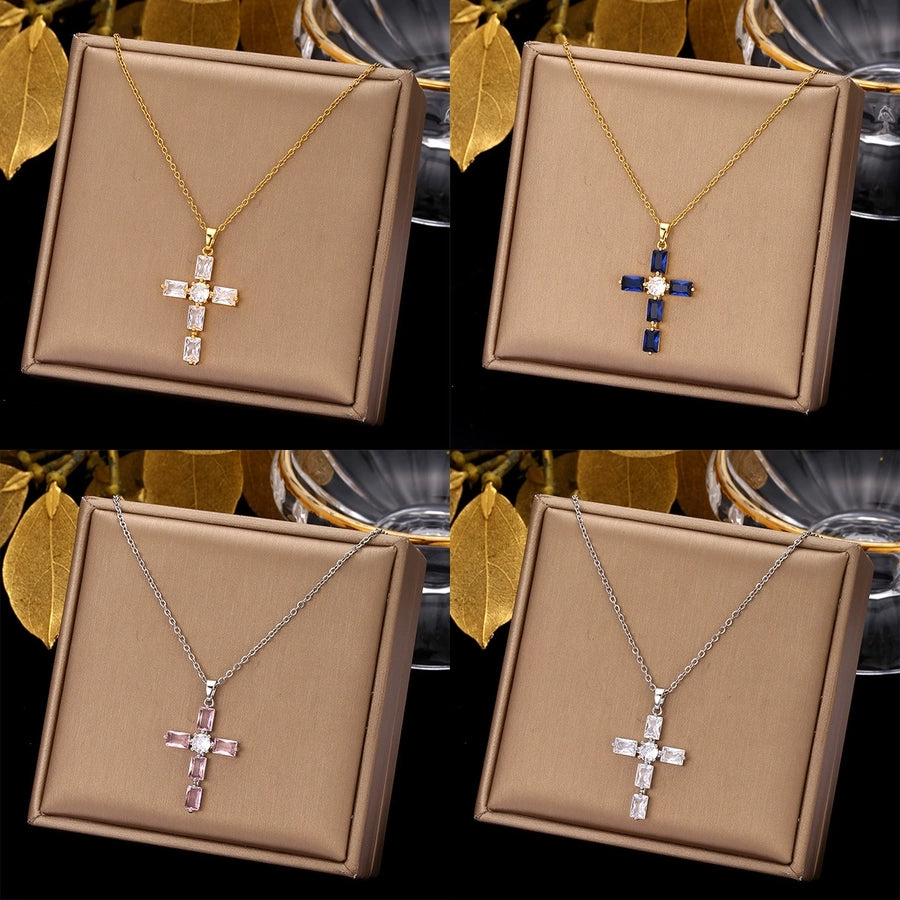 retro simple style cross stainless steel plating inlay zircon pendant necklace Madoma & Co.