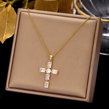 retro simple style cross stainless steel plating inlay zircon pendant necklace Madoma & Co.